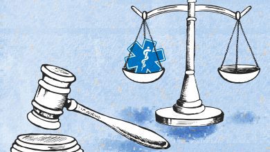 A digital illustration of a gavel and scales of justice with a Rod of Asclepius symbol in one of the scales.