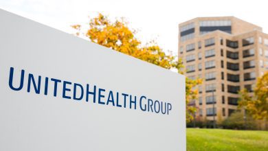 A photo of the UnitedHealth Group logo in front of its headquarters.